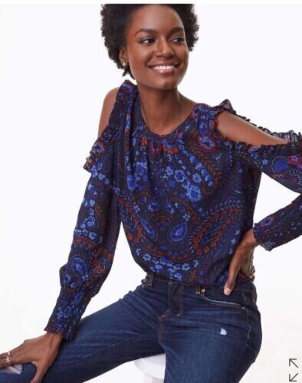 Ann Taylor Loft Paisley Ruffle Smocked Cold Shoulder Top Size Medium NWT